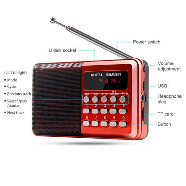 a red radio with text on it