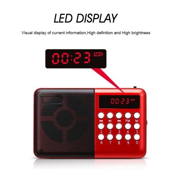 a red and black radio with a digital display